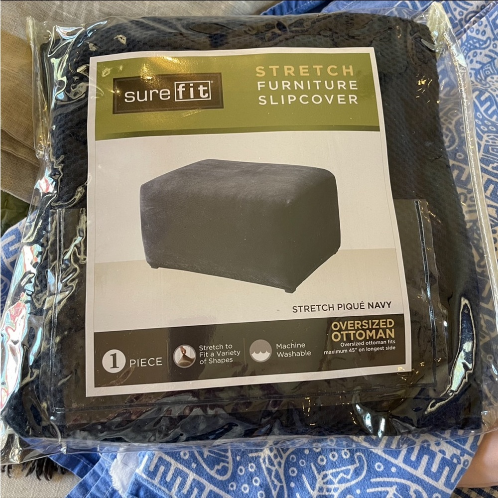 Sure Fit Stretch Box Cushion Ottoman One Piece Slipcover, Navy nwt